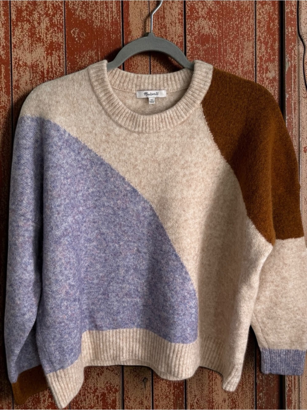Madewell Colorblock Crewneck Wool Sweater in Beige, Lavender & Brown